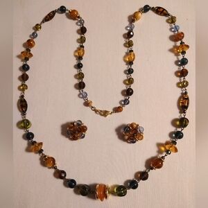 VINTAGE LIZ CLAIBORNE MULTI-BEADED CHAIN NECKLACE & CLIP EARRING SET